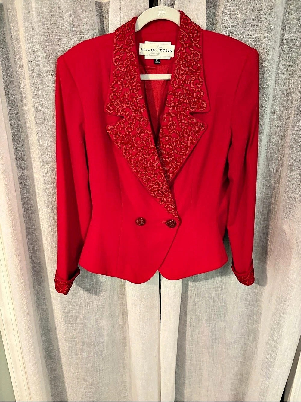Vintage Lillie Rubin Red Beaded Blazer Jacket Size 12 Evening Glam 100% Wool.